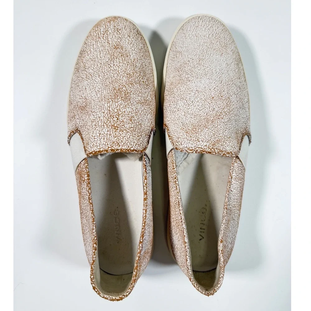 Vince Crackled Metallic Leather Slip On Sneakers Women's Size 9 White Bronze
